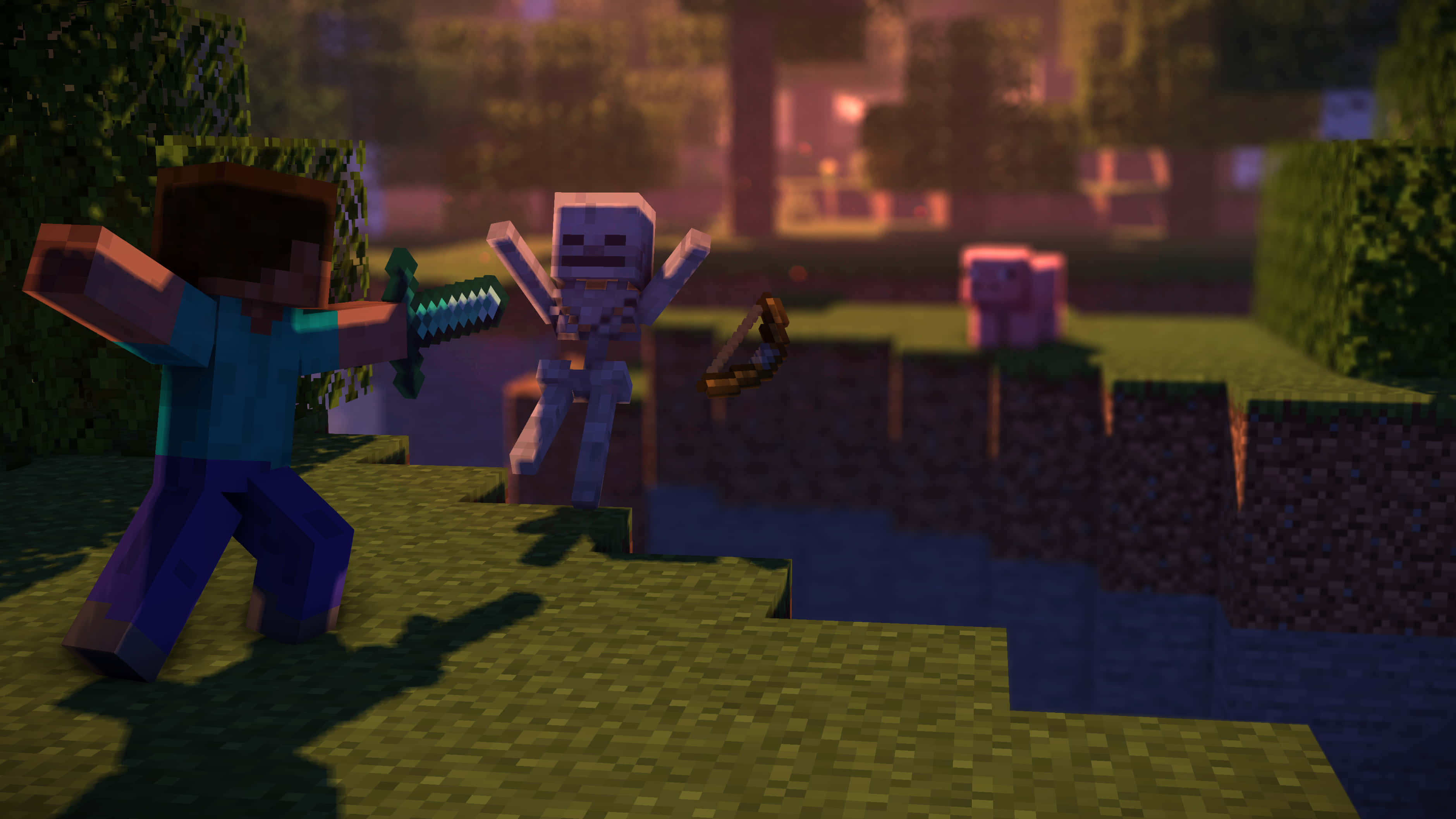 Minecraft Pig 桌布 壁紙 — Minecraft 玩家在黃昏的像素化草地上用劍與骷髏戰鬥。