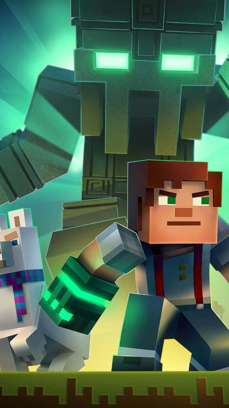 Minecraft Armor 桌布 壁紙 — Minecraft 玩家手持發光劍，面對一隻高大、綠色眼睛的鐵魔像，身處像素奇幻場景。