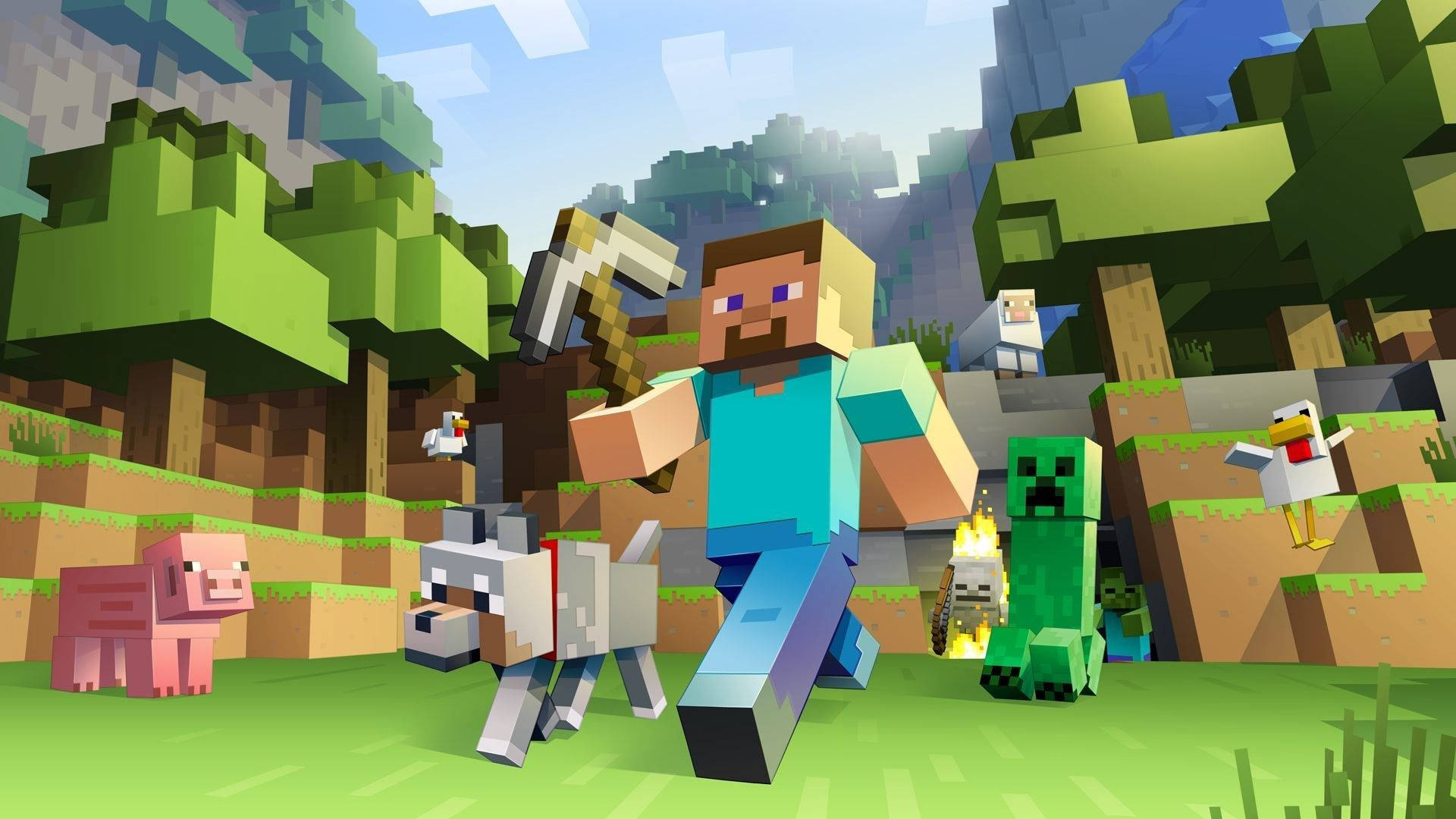 我的世界 史蒂夫 桌布 壁紙 — Minecraft 玩家揮動鎬，周圍是像素動物和苦力怕，在方塊森林景觀中。