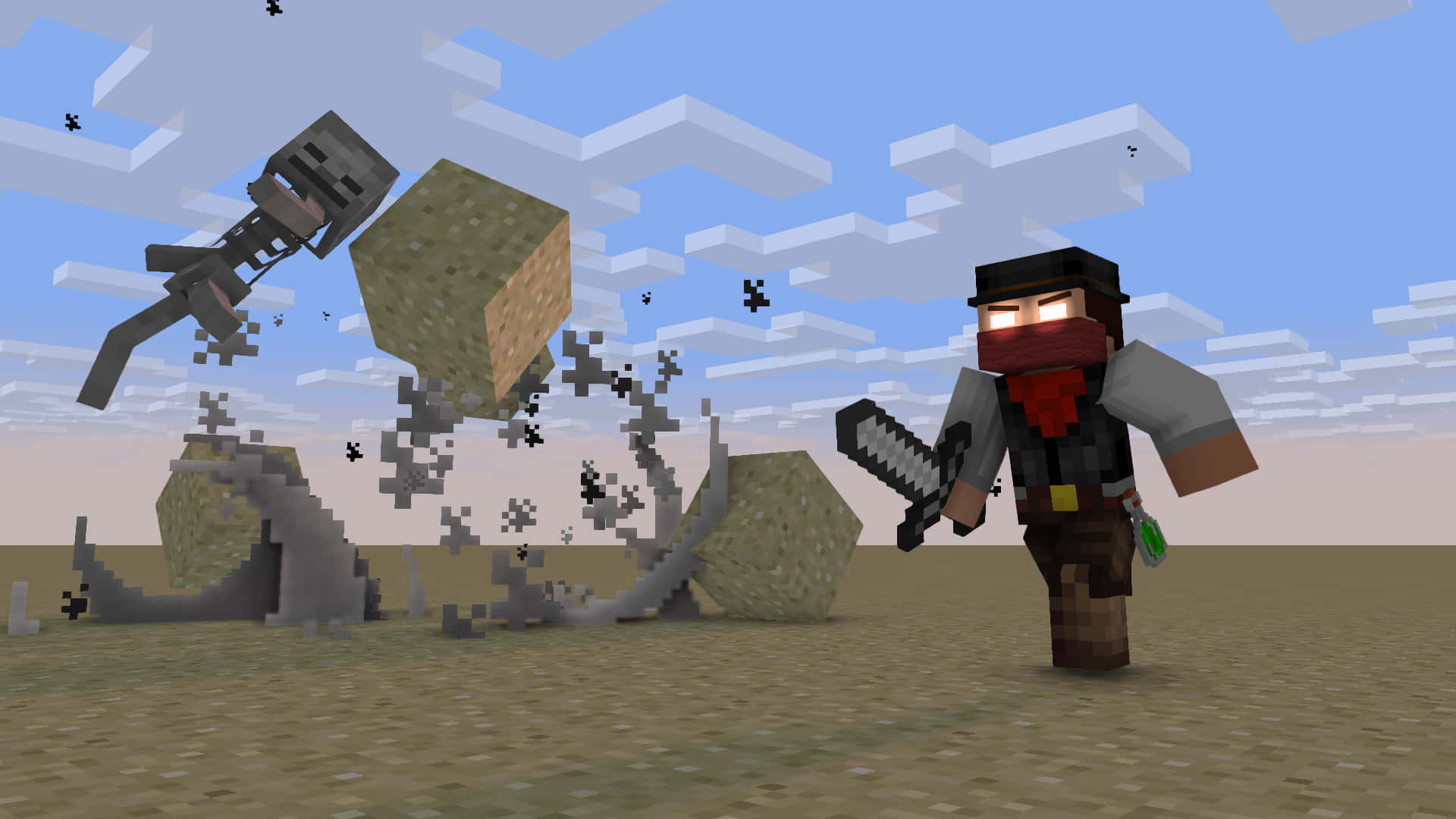 Herobrine 桌布 壁紙 — Minecraft 玩家揮舞著劍，而骷髏在方塊狀天空下，於爆炸的泥土方塊中向他們飛來。
