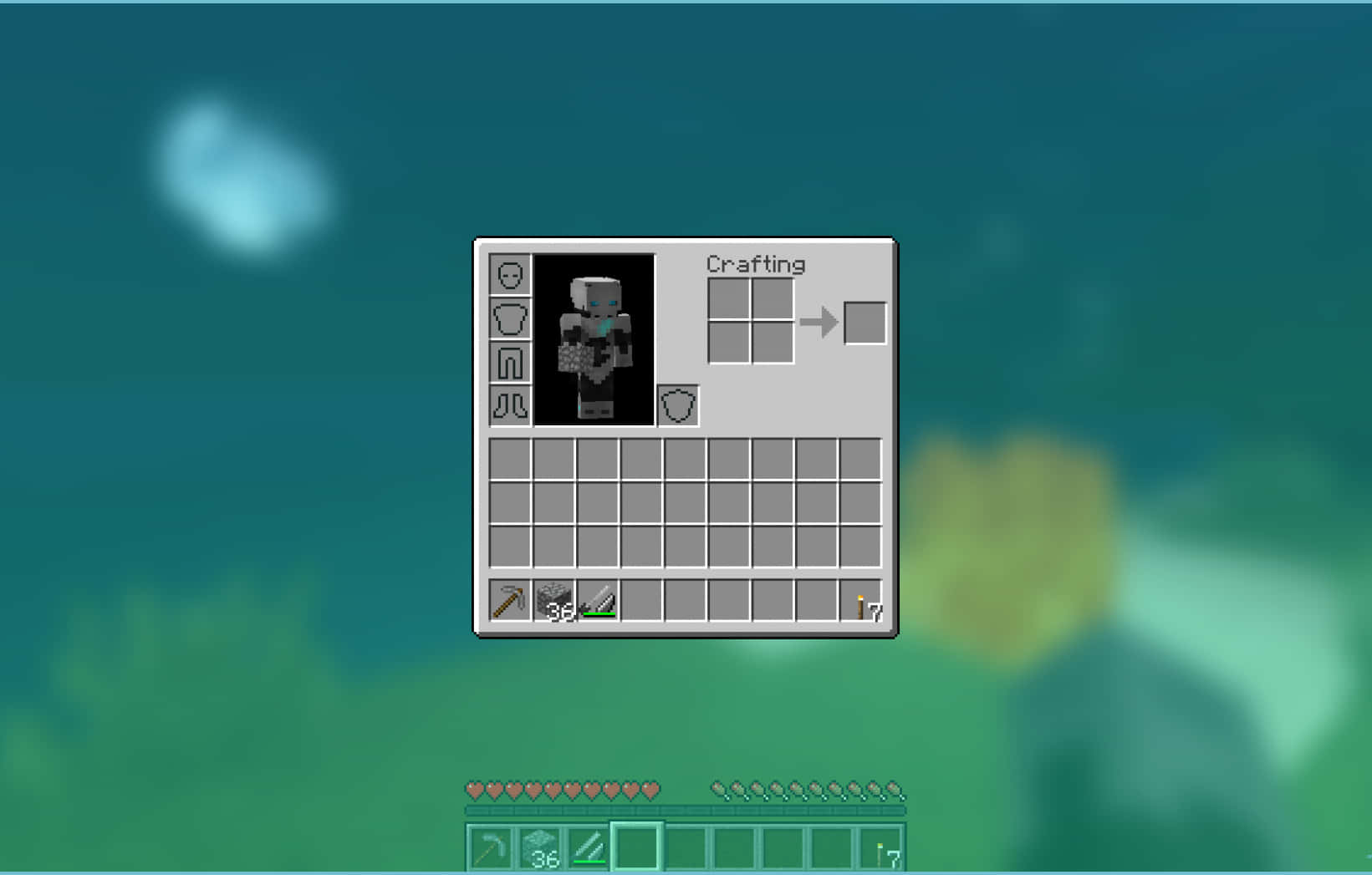 Minecraft Phone 桌布 壁紙 — Minecraft 玩家的庫存畫面，顯示盔甲和工具，背景是模糊的水下場景。