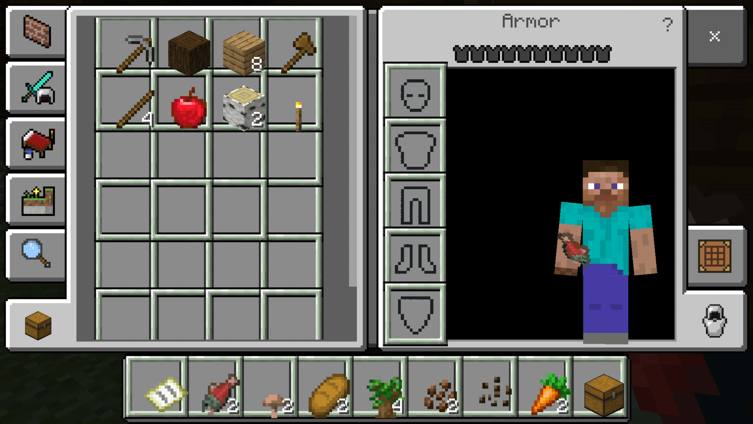 我的世界 鑽石 桌布 壁紙 — Minecraft 玩家的庫存畫面，顯示工具、食物和盔甲，盔甲欄位有一個像素角色。