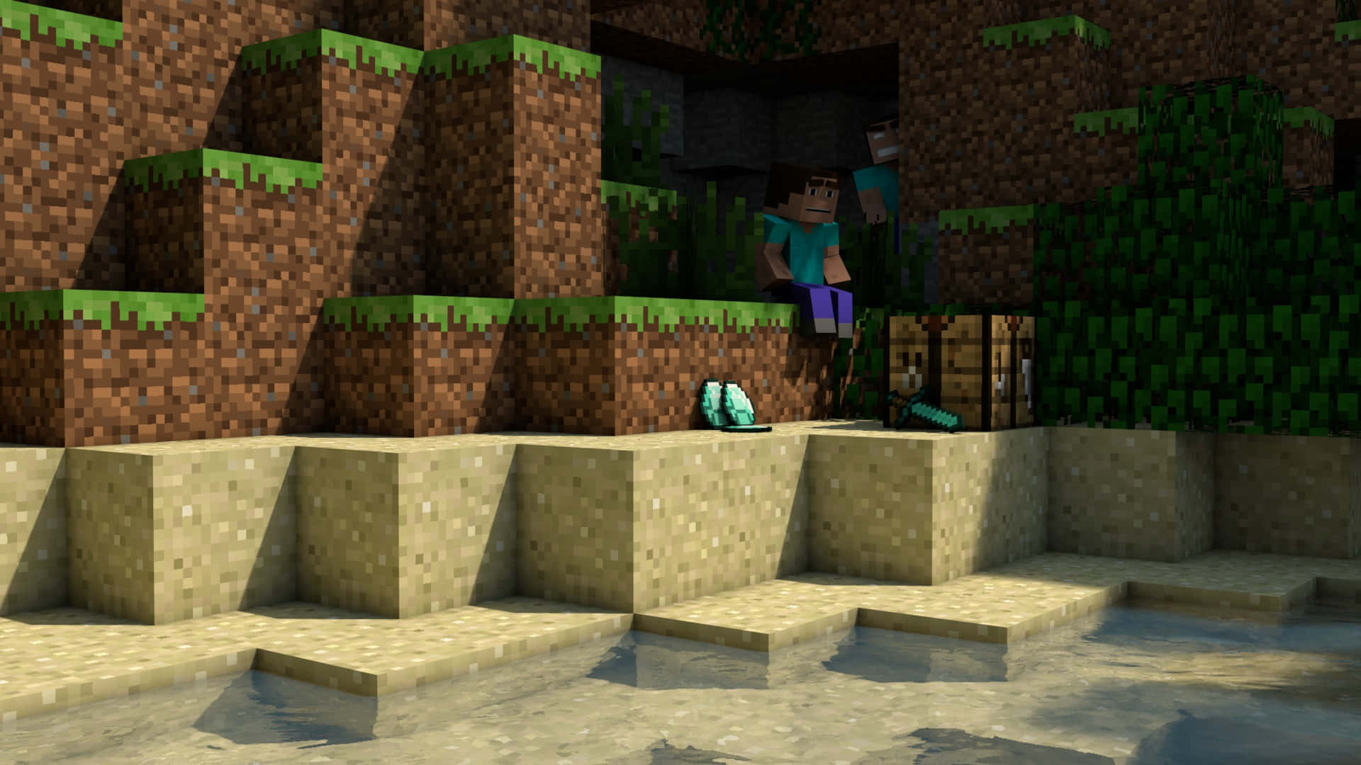 Herobrine 桌布 壁紙 — Minecraft 玩家站在河邊的箱子旁，在一個有泥土懸崖和草的方塊像素景觀中。