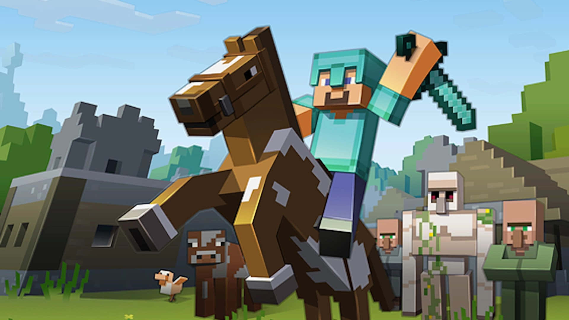 騎士 桌布 壁紙 — Minecraft 玩家騎著馬，揮舞鑽石劍，周圍有殭屍和村民，在方塊像素景觀中。