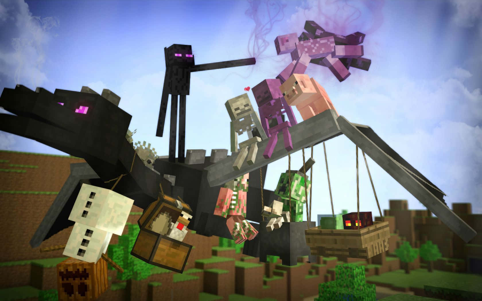 Minecraft Phone 桌布 壁紙 — Minecraft 生物如終界使者與殭屍懸掛在破碎的橋樑上，下方是方塊景觀，天空多雲。