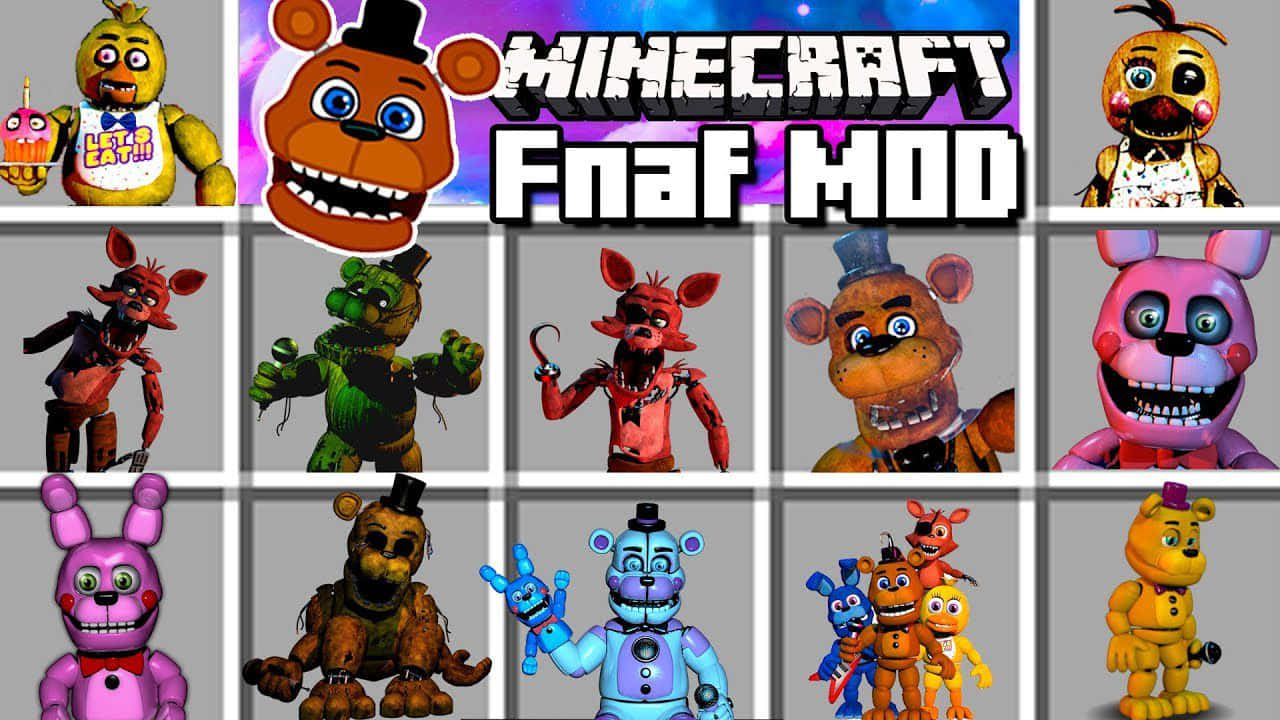 Five Nights At Freddys 桌布 壁紙 — Minecraft 的 FNAF mod 中一排嚇人的機械角色，配以粗體標題文字。