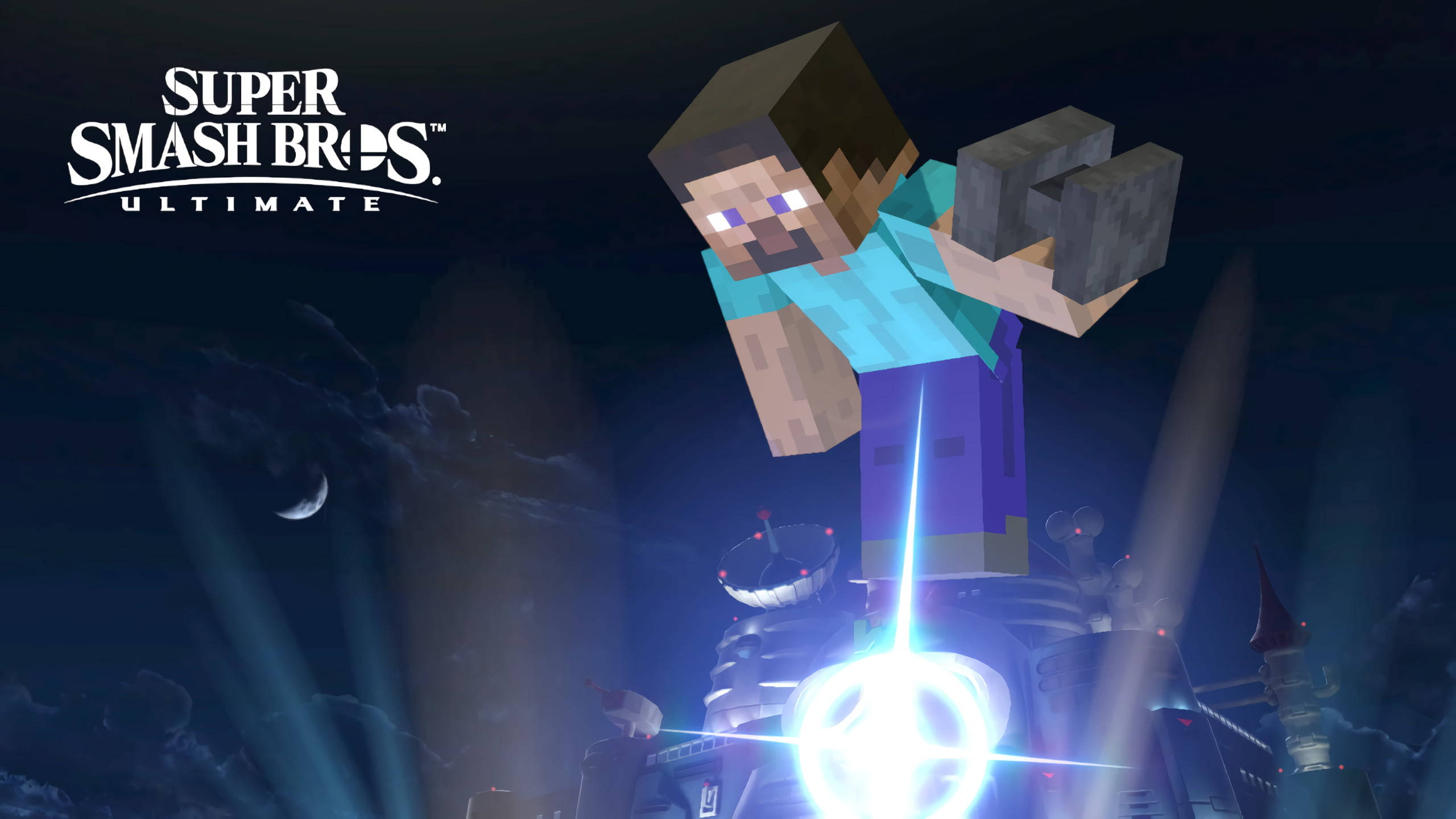 我的世界 史蒂夫 桌布 壁紙 — Minecraft 的 Steve 在 Super Smash Bros Ultimate 中跳躍在半空中，下方有發光的能量爆炸，背景是漆黑的夜空。