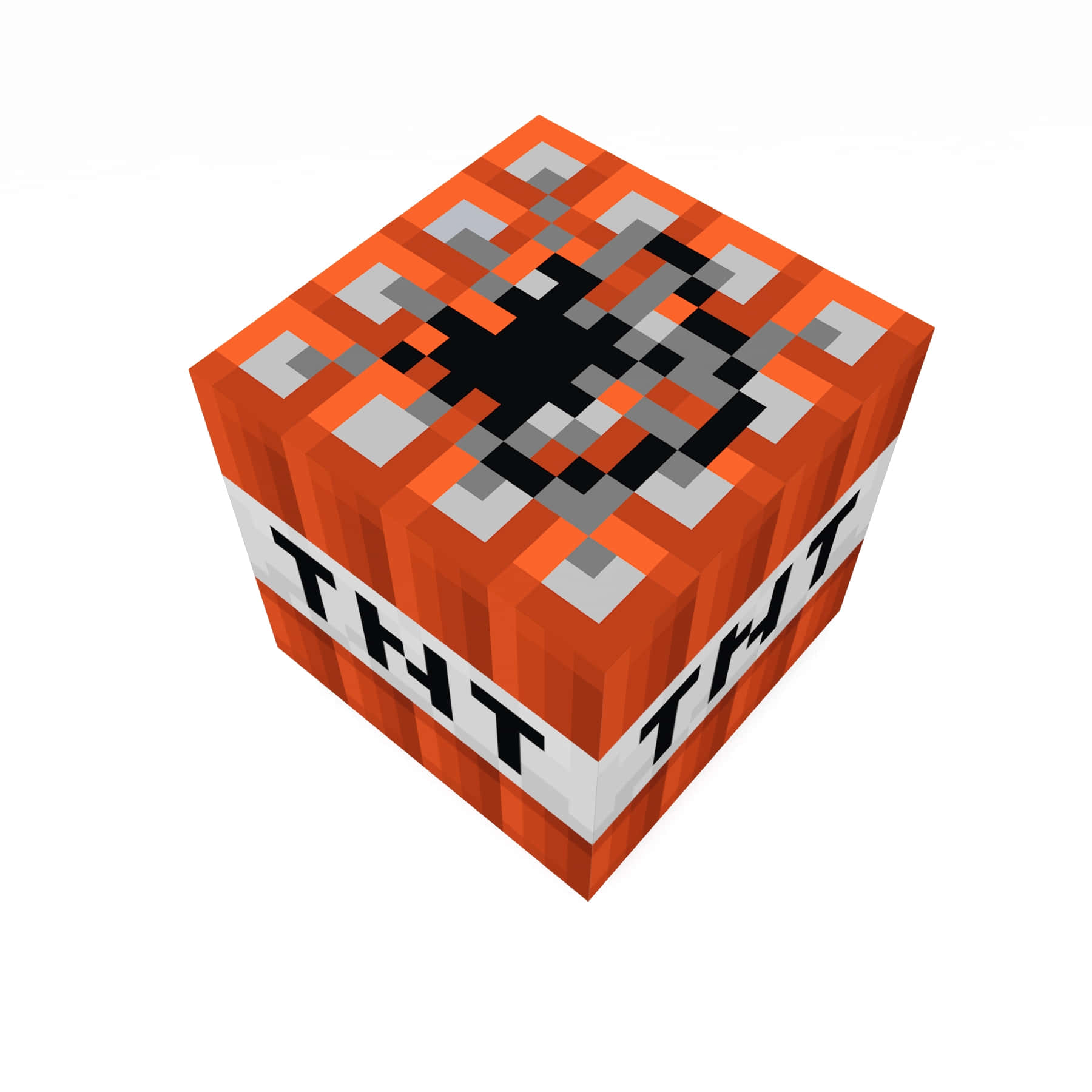 我的世界 TNT 桌布 壁紙 — Minecraft 的像素化橙色 TNT 方塊，帶有黑色和灰色爆炸圖案，白色帶上有粗體文字。