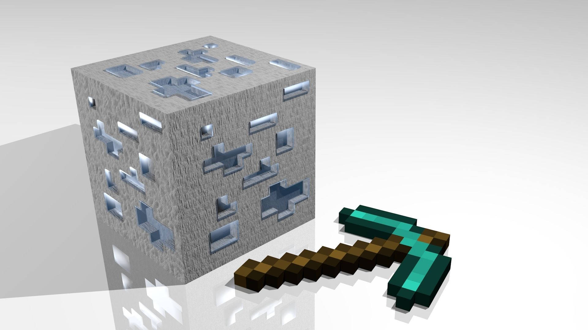我的世界 鑽石 桌布 壁紙 — Minecraft 的像素化鑽石方塊和鑽石劍放在帶有柔和陰影的白色反光表面上。
