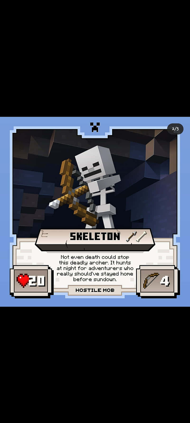 Minecraft Skeleton 桌布 壁紙 — Minecraft 的像素化骷髏怪物在黑暗洞穴中拿著弓，下方顯示遊戲統計數據。