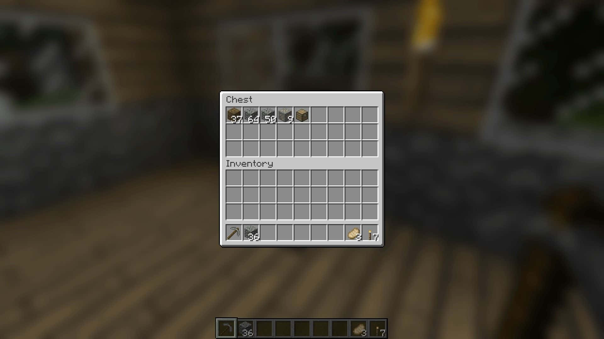 Minecraft Phone 桌布 壁紙 — Minecraft 的寶箱物品欄畫面，顯示木質木板和石製工具在像素化遊戲界面中。