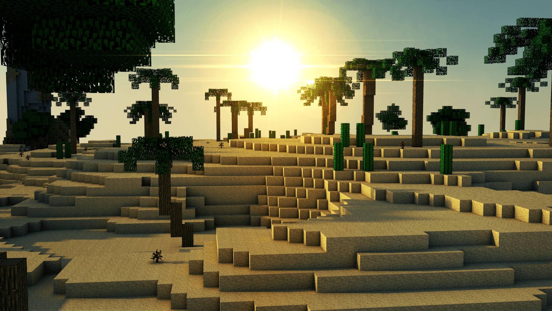 棕櫚樹 桌布 壁紙 — Minecraft 的方塊稀樹草原上日落，像素化的棕櫚樹和梯田地形投下長長的陰影。