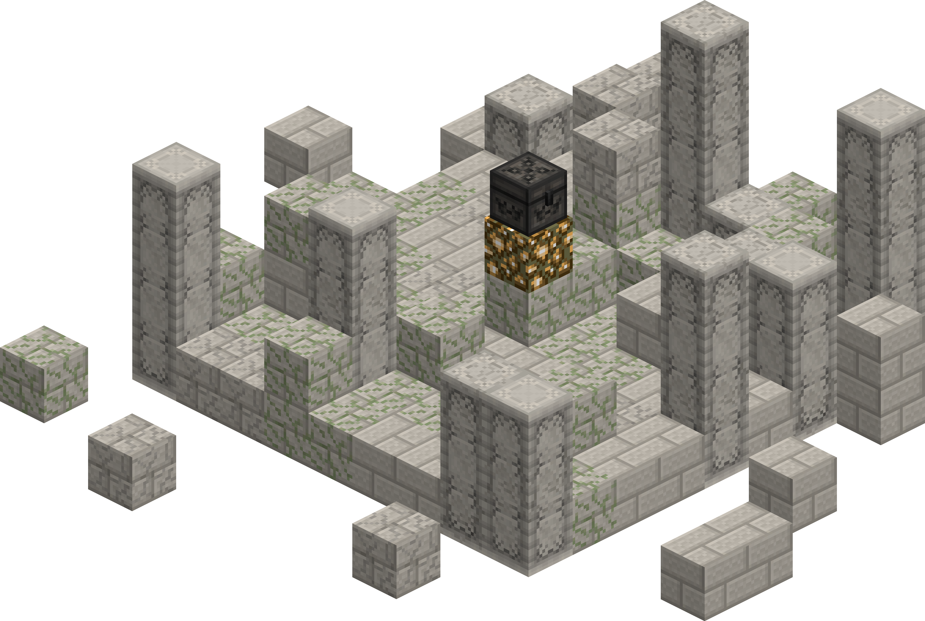 水下動畫 桌布 壁紙 — Minecraft 石頭結構的等角視圖，頂部有一個箱子，周圍環繞著草方塊。