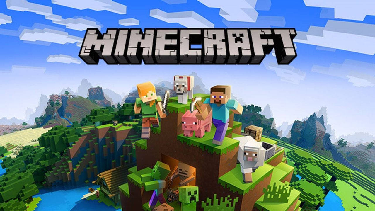 Minecraft 角色和動物在懸崖上俯瞰方塊世界。
