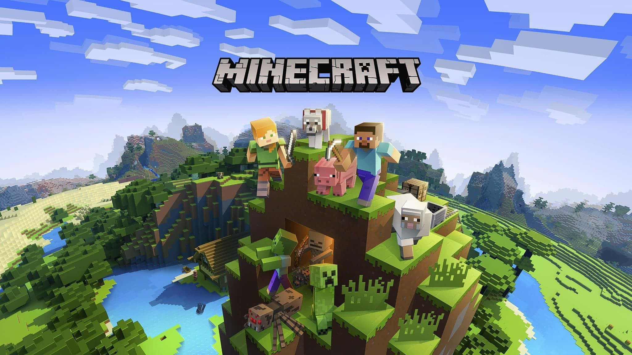 Multiplayer Game 桌布 壁紙 — Minecraft 角色和動物站在一片茂密的綠色懸崖上，俯瞰著一個像素化的山谷，山谷中有河流和遠山，上方是明亮的藍天。