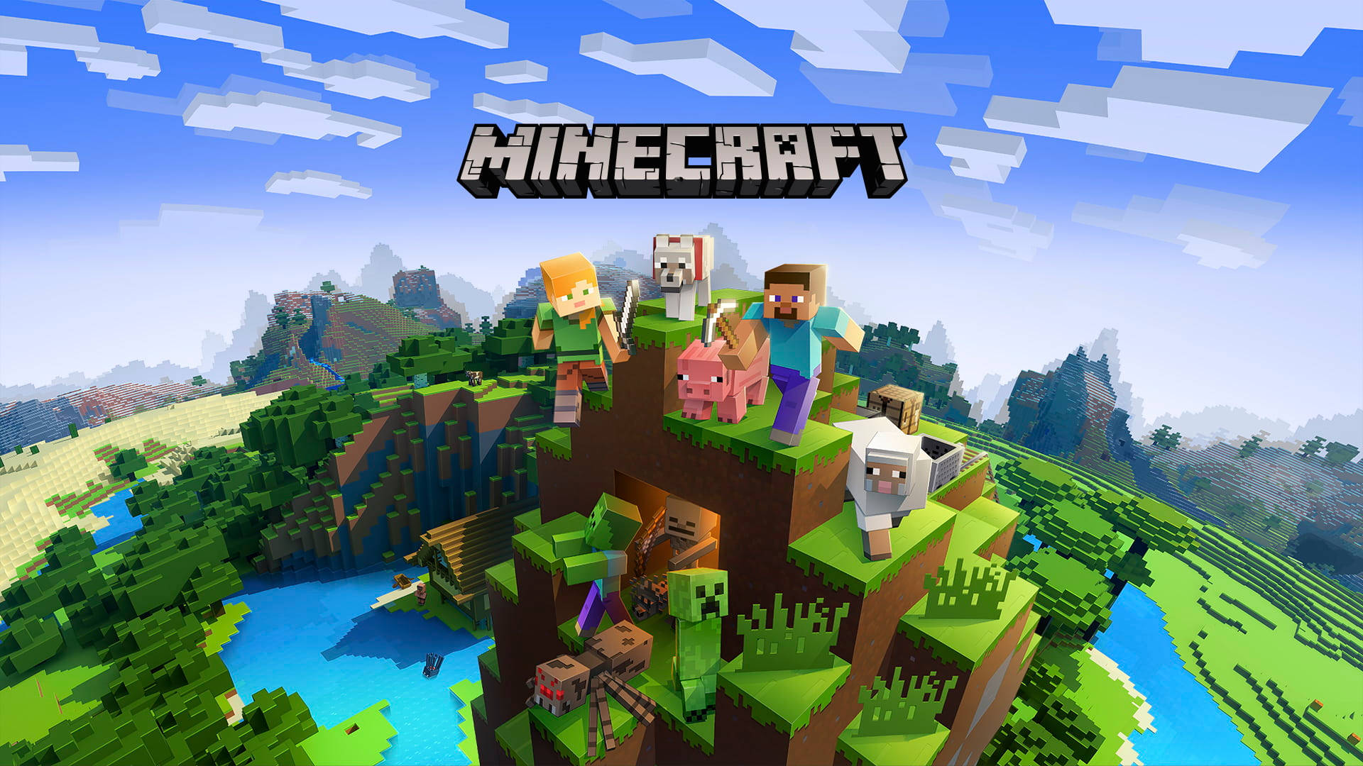 Minecraft Logo 桌布 壁紙 — Minecraft 角色和動物站在一片茂密的綠色懸崖上，俯瞰著一個像素化的山谷，山谷中有河流和山脈，天空湛藍明亮。