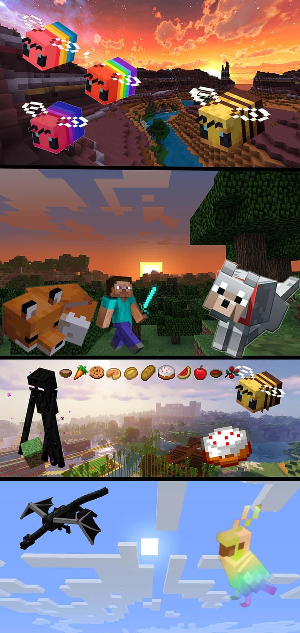 電玩遊戲 桌布 壁紙 — Minecraft 角色和生物在像素化場景中，從日落到天空，有彩虹羊和飛龍。