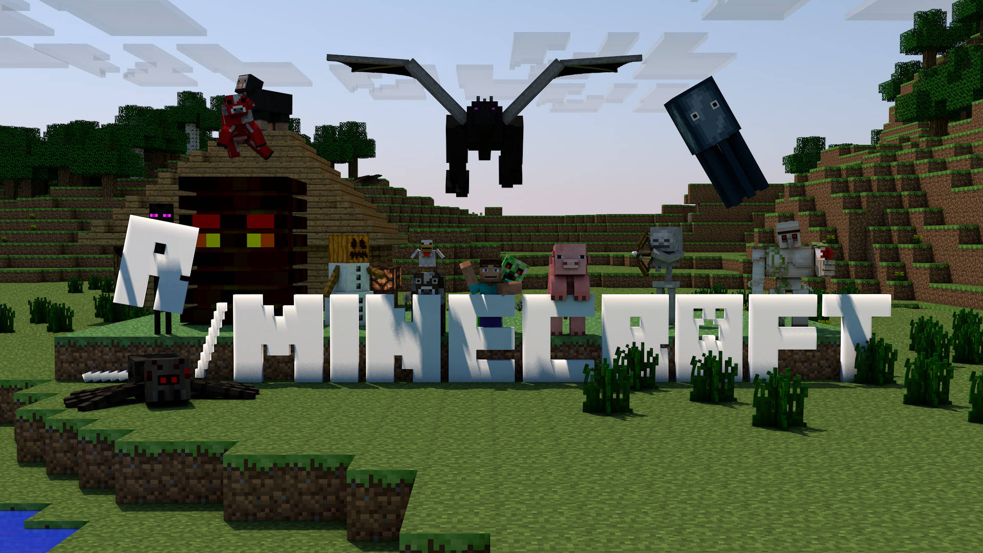 最佳我的世界 桌布 壁紙 — Minecraft 角色和生物站在像素化草地景觀中拼出「MINECRAFT」的巨大方塊字母周圍。