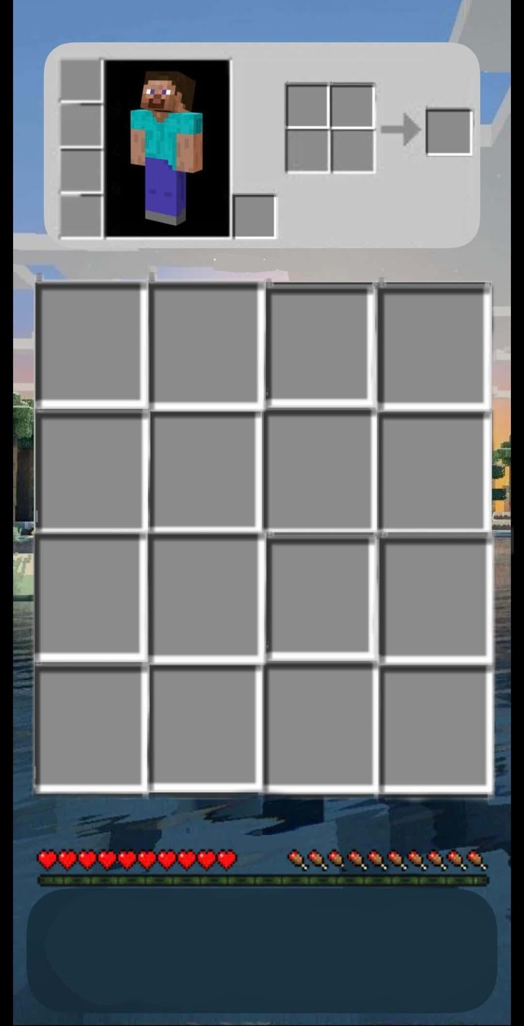 我的世界 鑽石 桌布 壁紙 — Minecraft 角色物品欄畫面，生命值全滿，插槽空白，背景為像素化戶外場景。