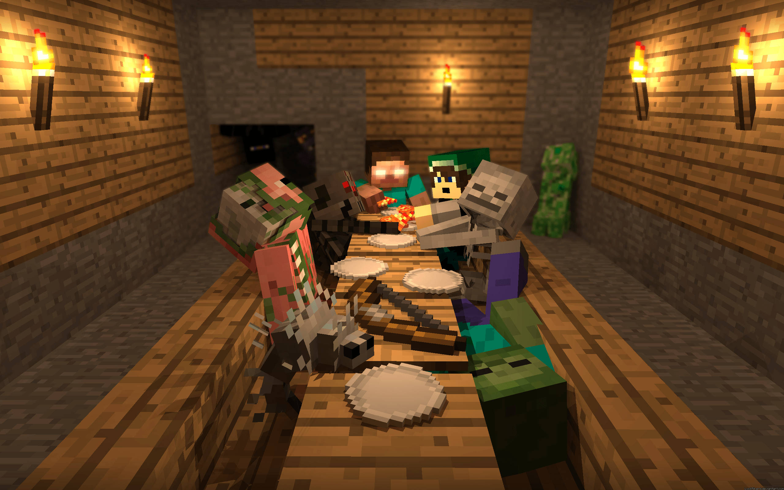 Herobrine 桌布 壁紙 — Minecraft 角色聚集在一個火炬照亮的石頭和木頭小屋中的木桌周圍。