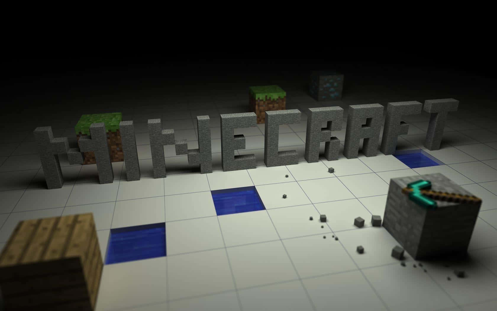 可愛 Minecraft 桌布 壁紙 — MINECRAFT 這個字用方塊石頭字母拼寫，像素化的草、水和鑽石方塊散落在瓷磚地板上。