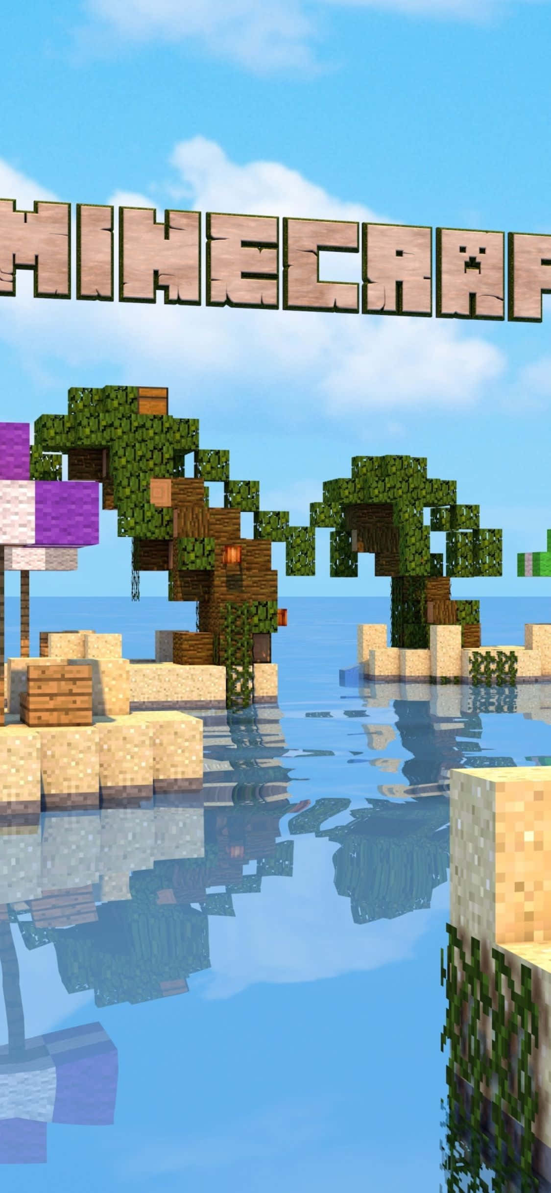 iPhone Xs Minecraft 桌布 壁紙 — Minecraft 風景，有方塊樹木和水，藍天白雲，還有遊戲標誌。