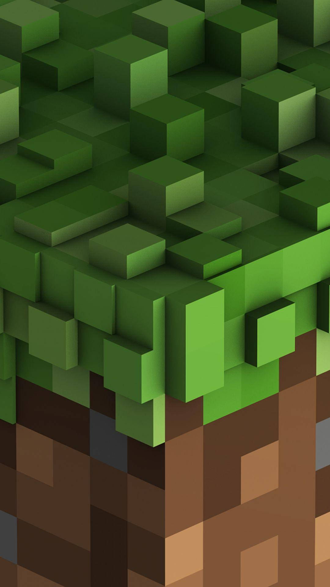 我的世界 高畫質壁紙 桌布 壁紙 — Minecraft 風格的像素化樹木特寫，具有綠色立方體葉片和棕色方塊樹幹。