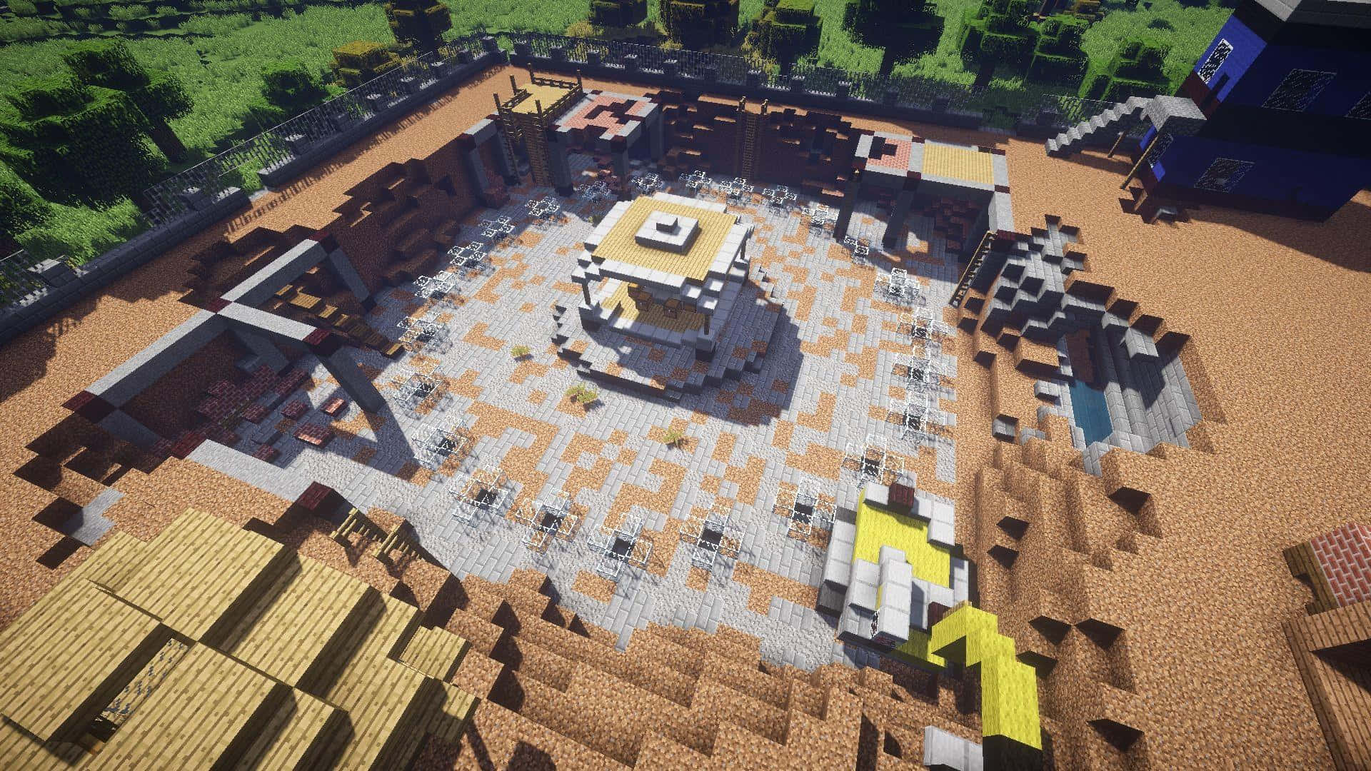 Minecraft Survival 桌布 壁紙 — Minecraft村莊廣場的鳥瞰圖，中央建築被鵝卵石小路和木結構包圍，在明亮的日光下。
