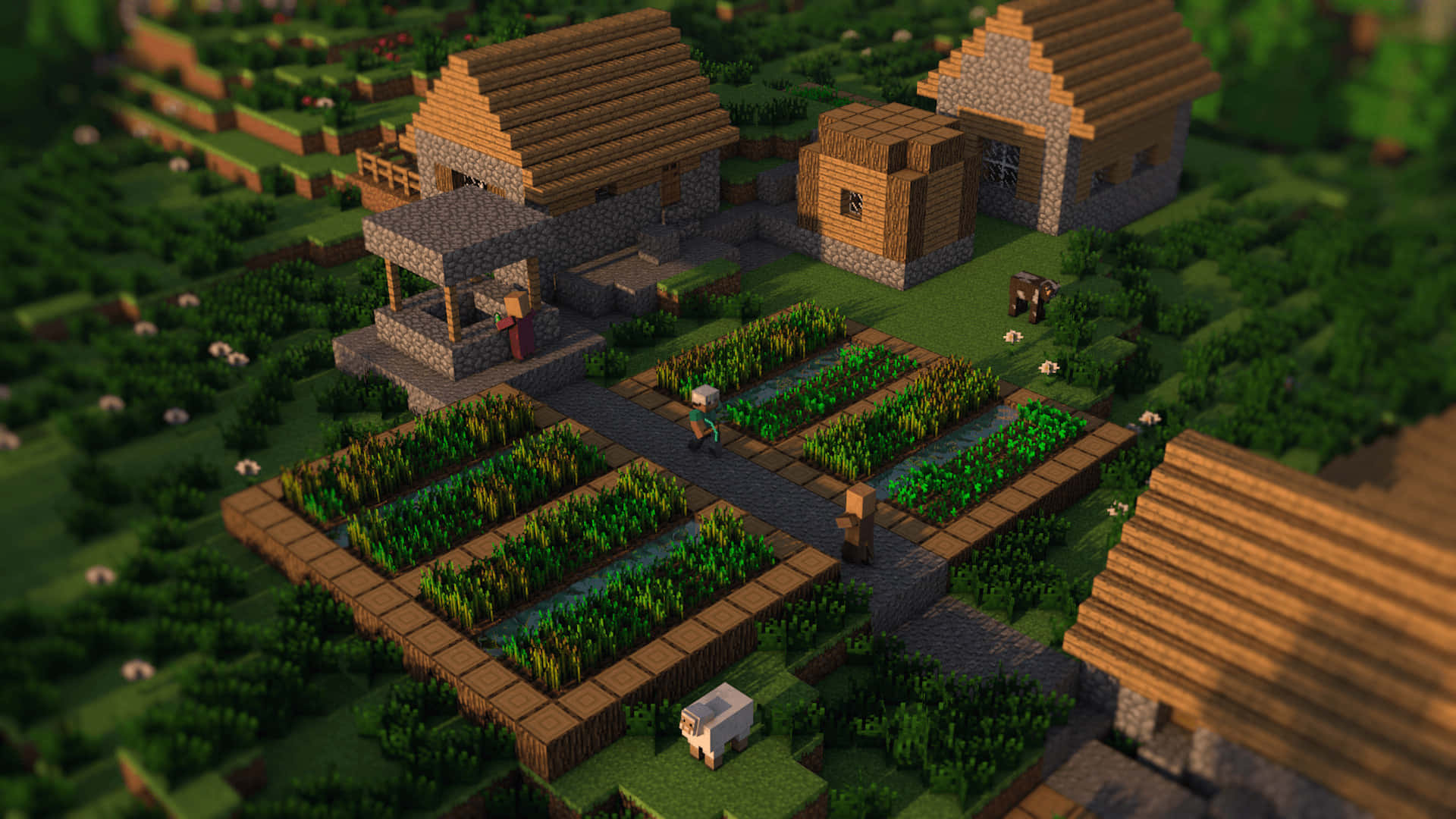 Minecraft Villages 桌布 壁紙 — Minecraft村莊的鳥瞰圖，有木屋、石地基和圍欄農田，周圍環繞著茂密的綠植。