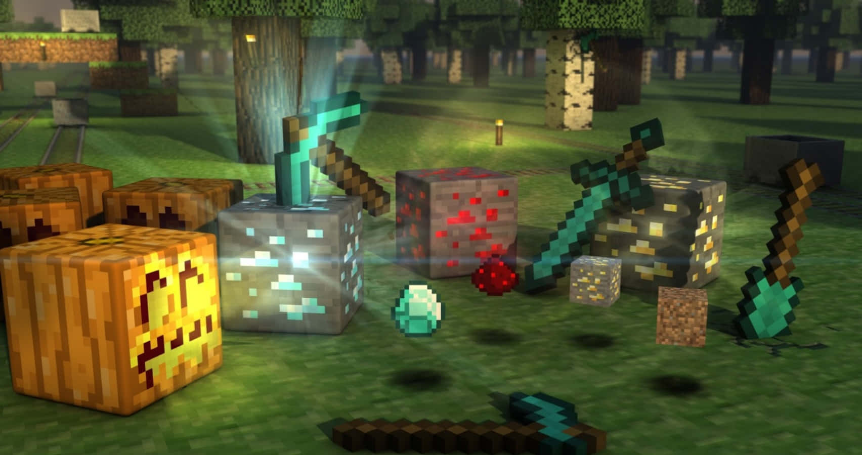 可愛 Minecraft 桌布 壁紙 — Minecraft森林場景，草地上有發光物品，如附魔劍和南瓜，在柔和光線下。