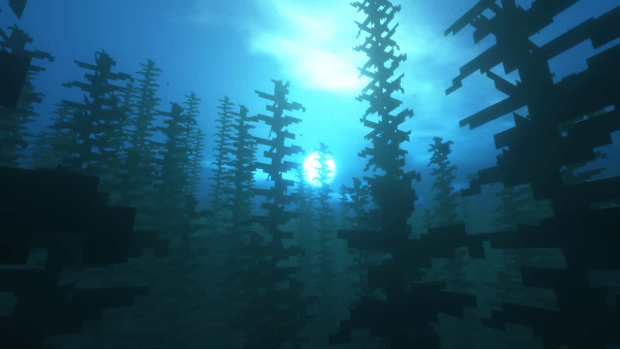 水下動畫 桌布 壁紙 — Minecraft水下森林，方塊狀樹木在深藍色水中映襯著發光的太陽形成剪影。
