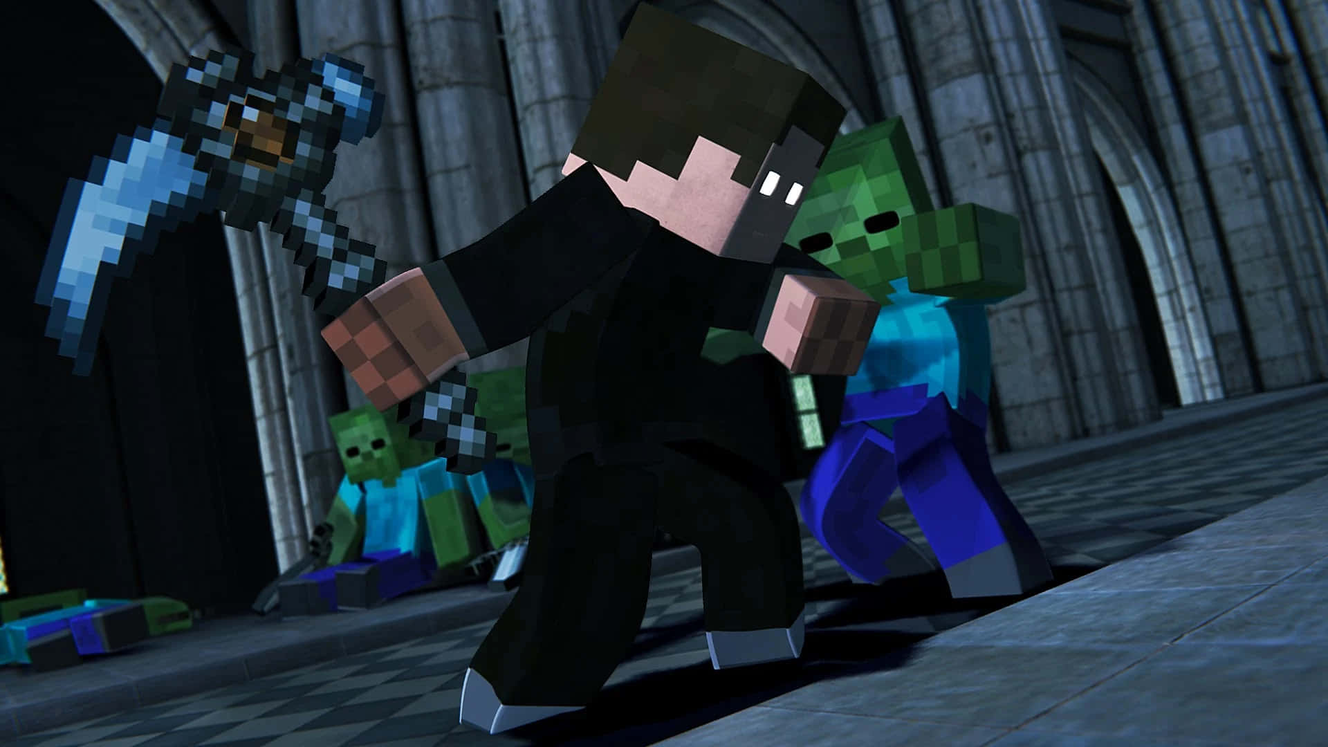 Minecraft Fight 桌布 壁紙 — Minecraft玩家在有棋盤地板的哥德式大教堂內揮舞鑽石劍對抗殭屍。