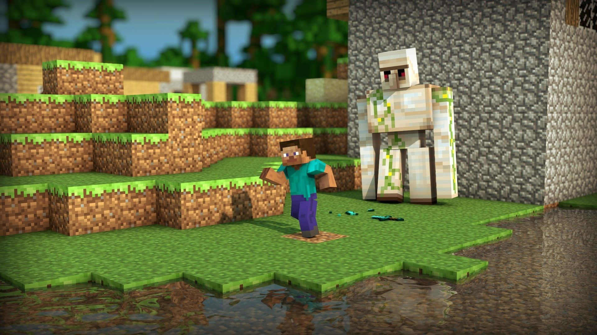 Minecraft Pixel Art 桌布 壁紙 — Minecraft玩家在石牆和水附近的像素化草地生物群落中與殭屍對峙。
