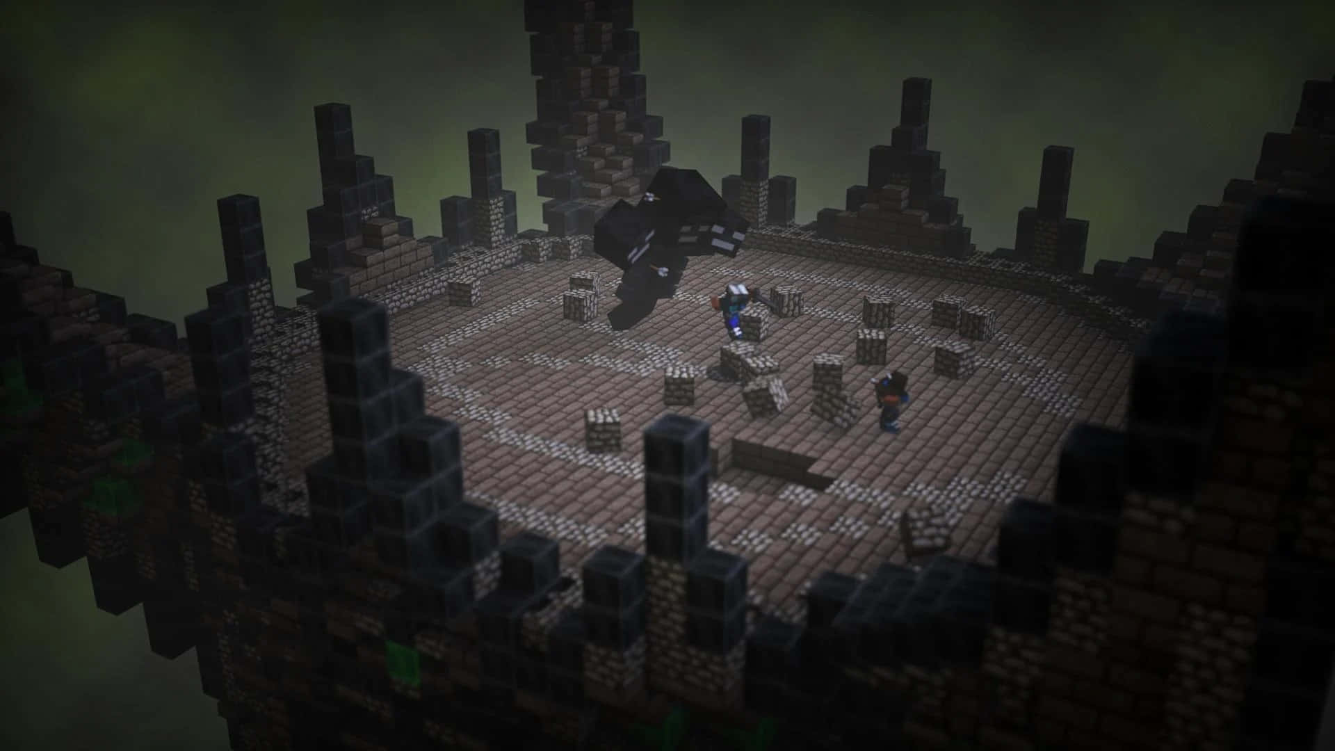 Minecraft Wither 桌布 壁紙 — Minecraft玩家在陰暗的天空下，於昏暗的方塊堡壘中與巨型終界使者戰鬥。