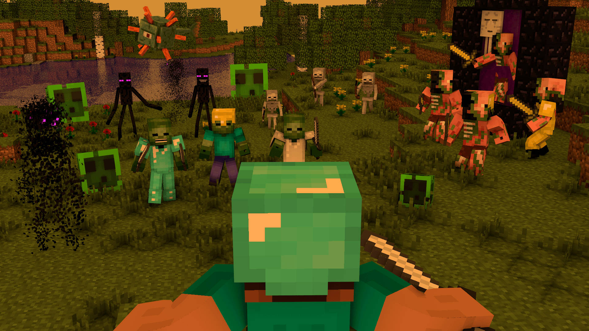 殭屍動圖 桌布 壁紙 — Minecraft玩家在黃昏的草地生物群系中揮劍面對一群敵對生物的第一人稱視角。