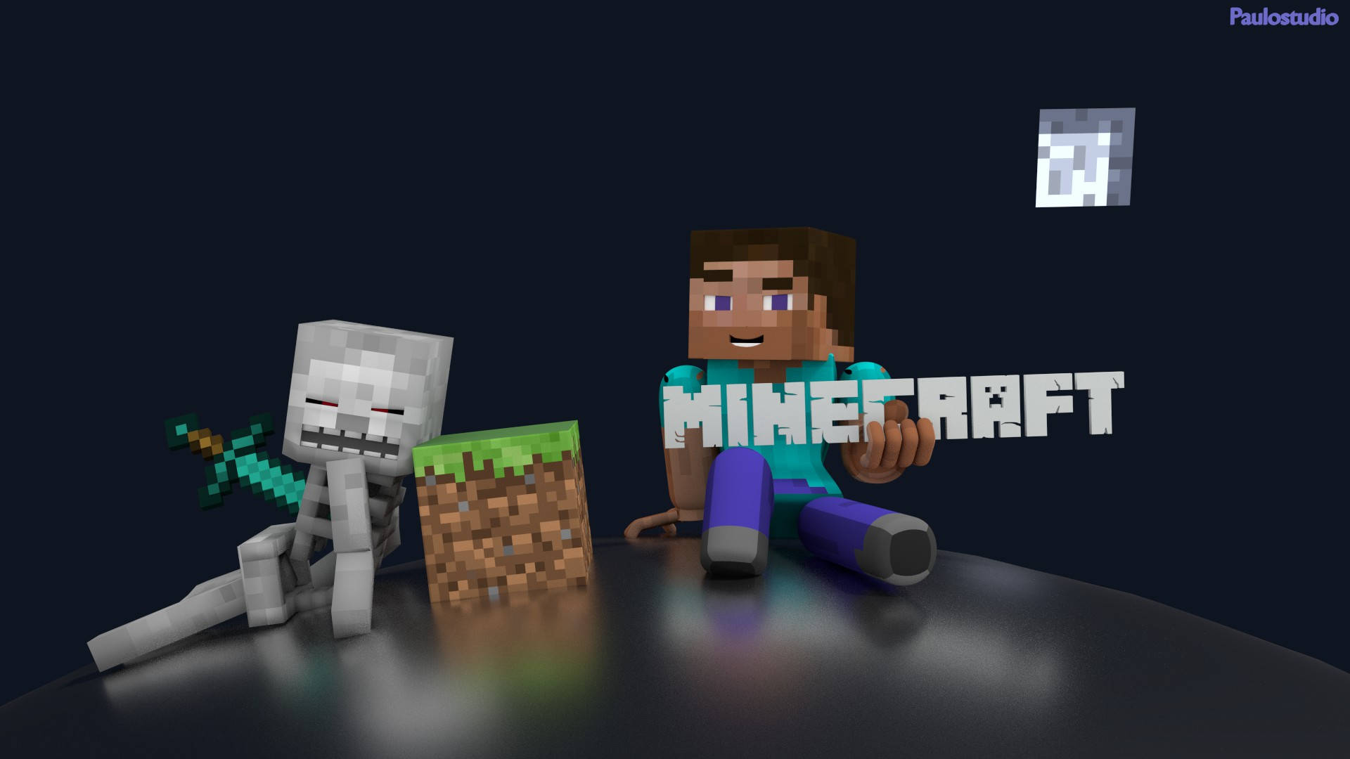 4K Minecraft 壁紙 桌布 壁紙 — Minecraft角色Steve和骷髏坐在黑暗反光表面上的泥土方塊旁邊，遊戲標誌在他們身後發光。