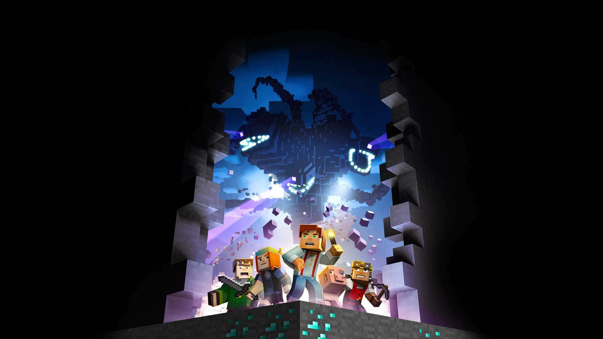 Minecraft Story Mode 桌布 壁紙 — Minecraft角色站在黑暗洞穴入口，看著發光的龍在夜晚飛過像素化的山脈。