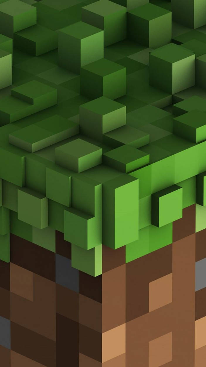  壁紙 — Minecraft風格的像素化樹木特寫，有綠色立方體葉片和棕色方塊樹幹。