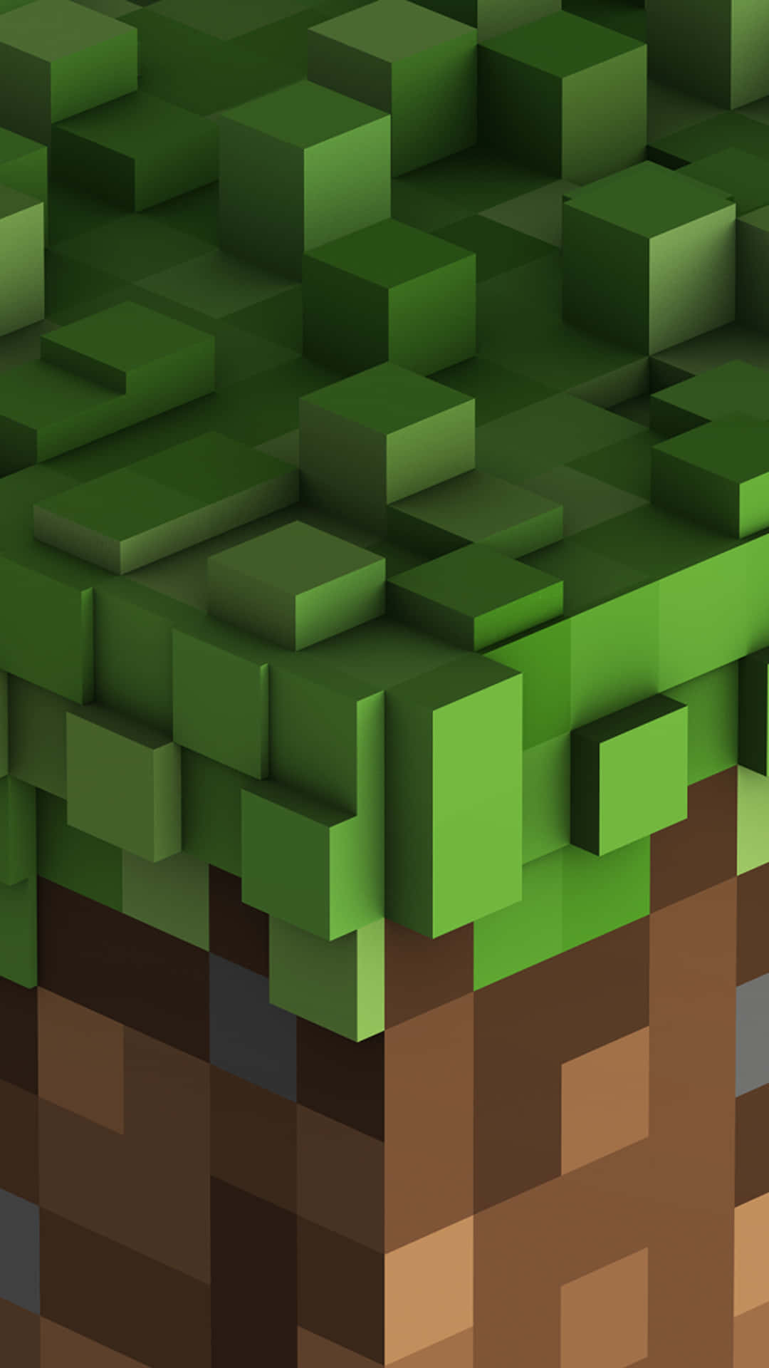 Minecraft Phone 桌布 壁紙 — Minecraft風格的像素化樹木特寫，有綠色立方體葉片和棕色方塊樹幹。