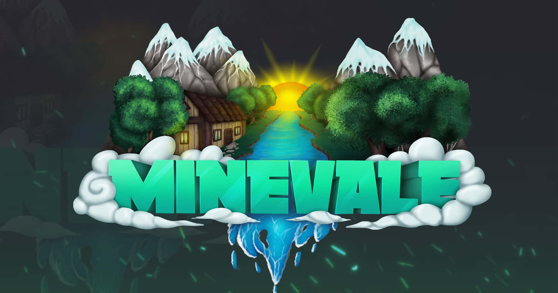 Minecraft Server 桌布 壁紙 — Minevale 的鮮豔卡通標誌，特色是坐落在雪山之間的一間舒適小屋，以及河流上方升起的發光太陽。