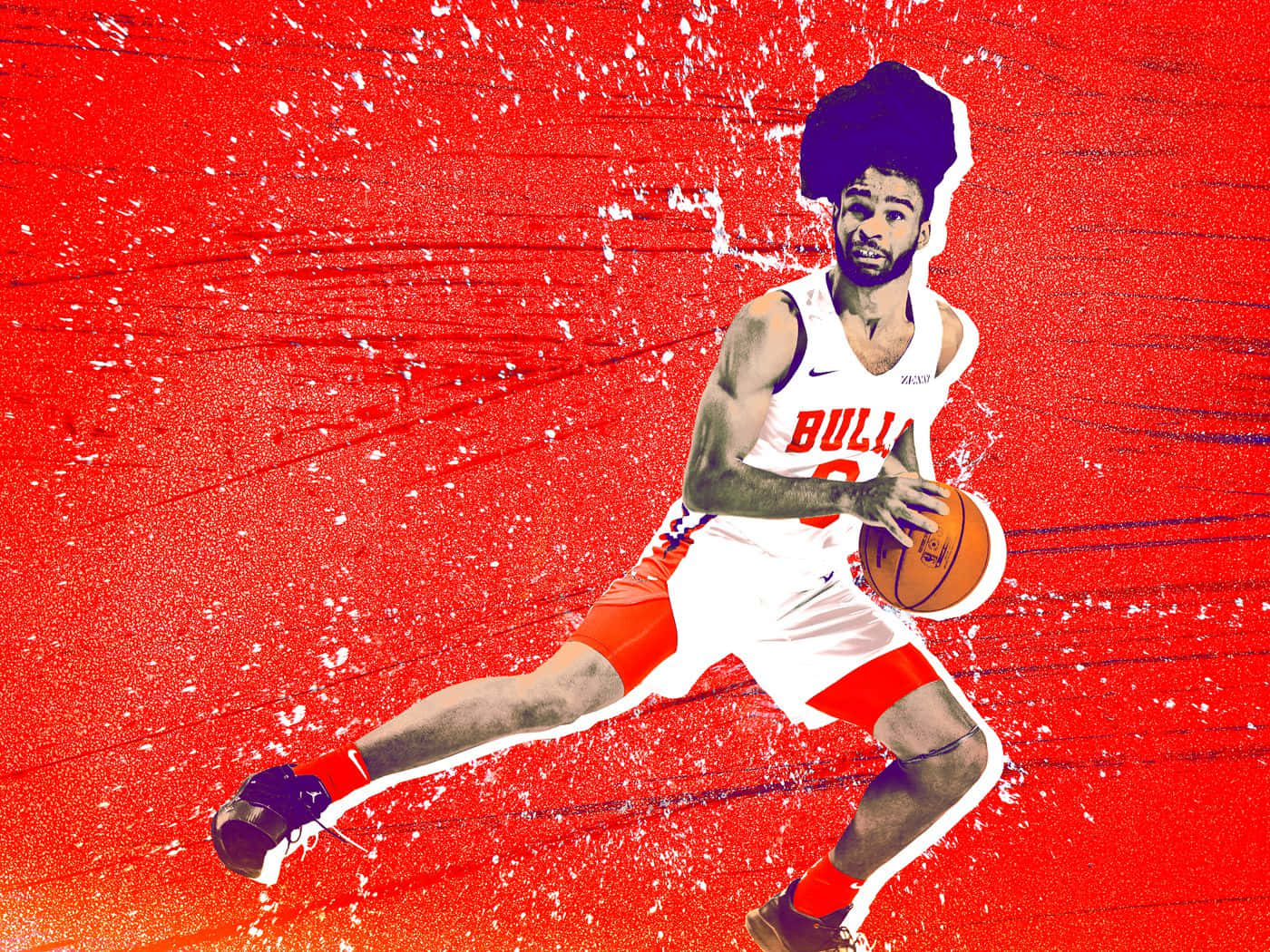  壁紙 — 一名身穿白色 'BULLS' 球衣的籃球運動員，在充滿活力的紅色紋理背景上，帶著白色潑濺效果，動態地運球。