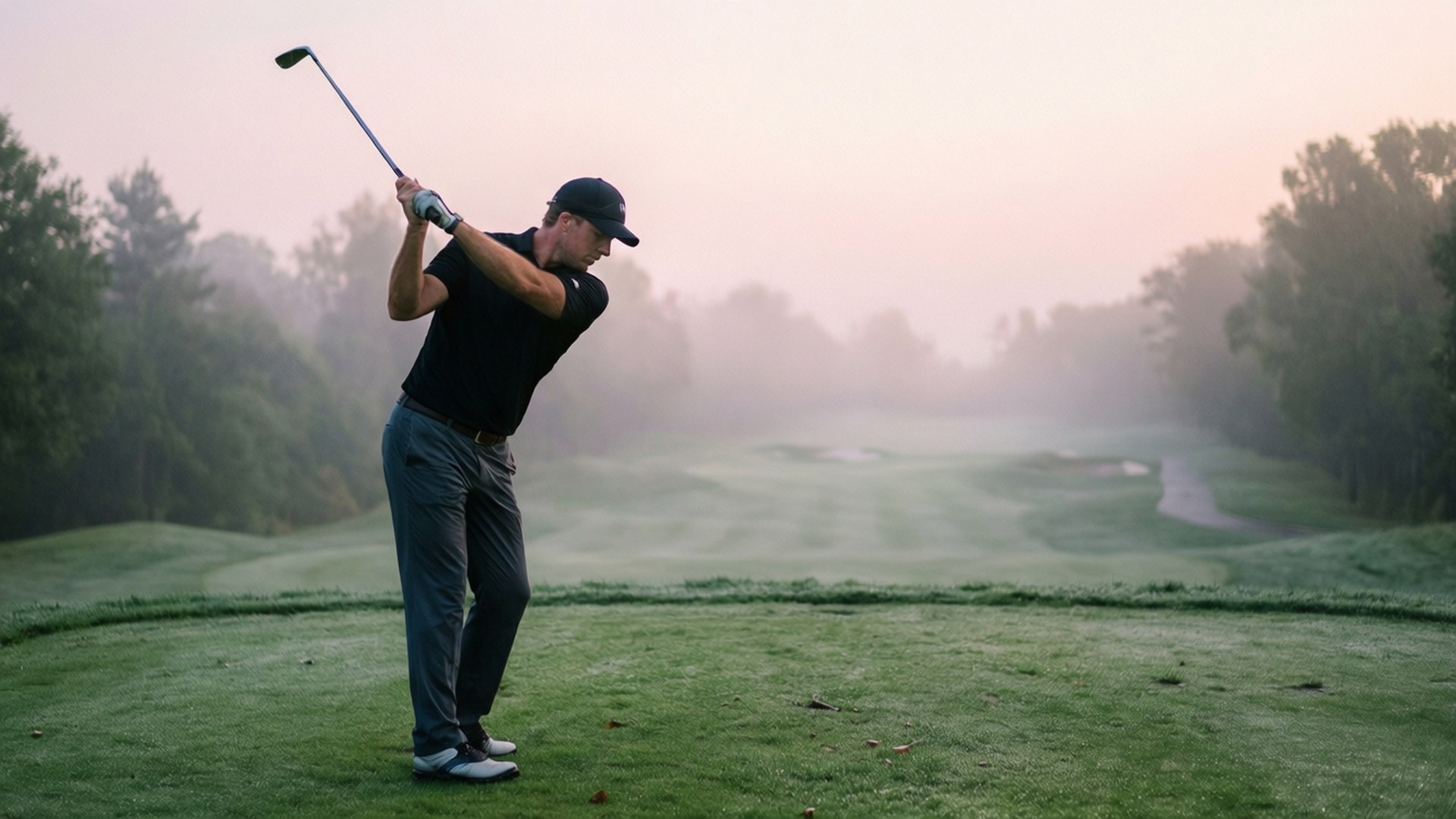 Misty Morning Tee Shot 壁紙 — 一名高爾夫球手在霧氣瀰漫的黎明高爾夫球場上揮桿，帶有柔和的粉紅色和綠色色調。