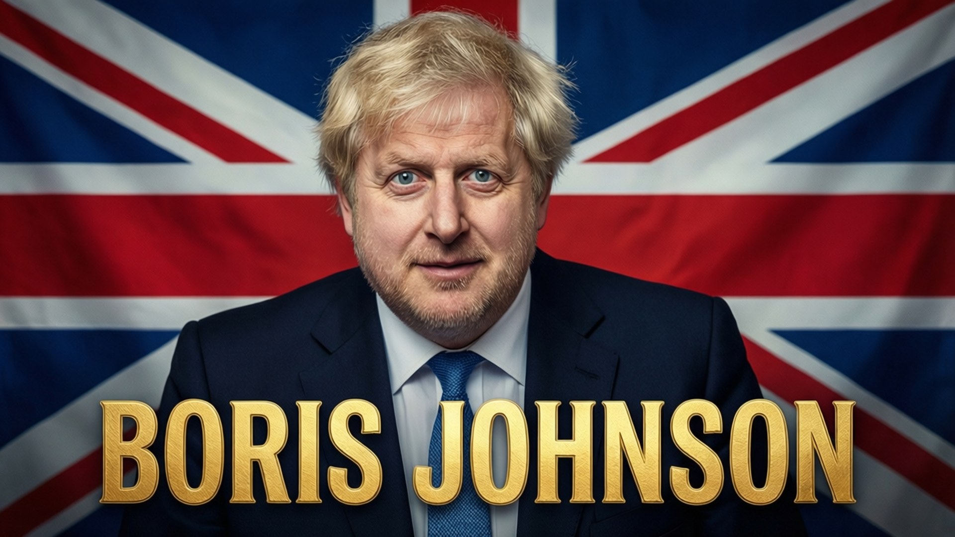 Boris Johnson Typography Poster 壁紙 — 一名金髮藍眼的男子身穿深色西裝，站在飄揚的英國國旗前，金色文字寫著 Boris Johnson。