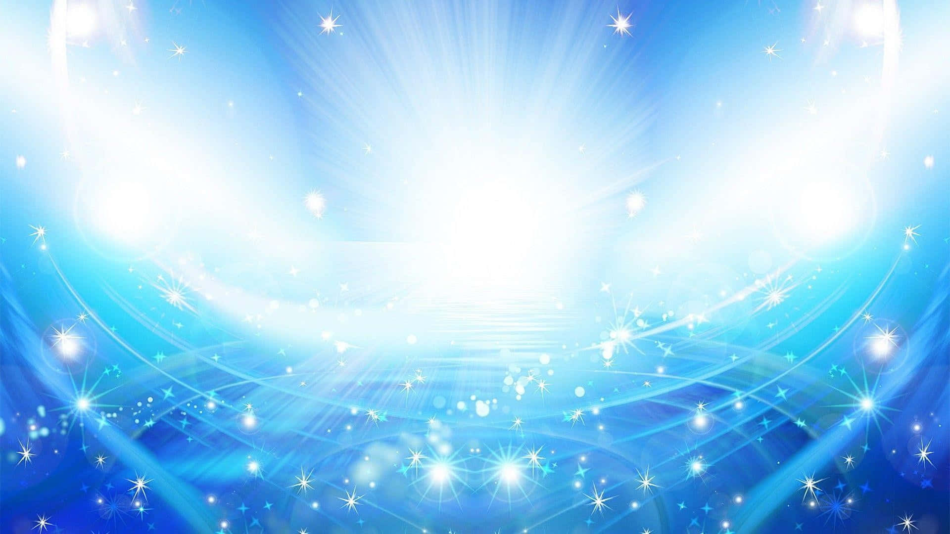  壁紙 — 明亮的藍色宇宙背景，帶有發光的星爆和從明亮中心源散發出的旋轉光跡。