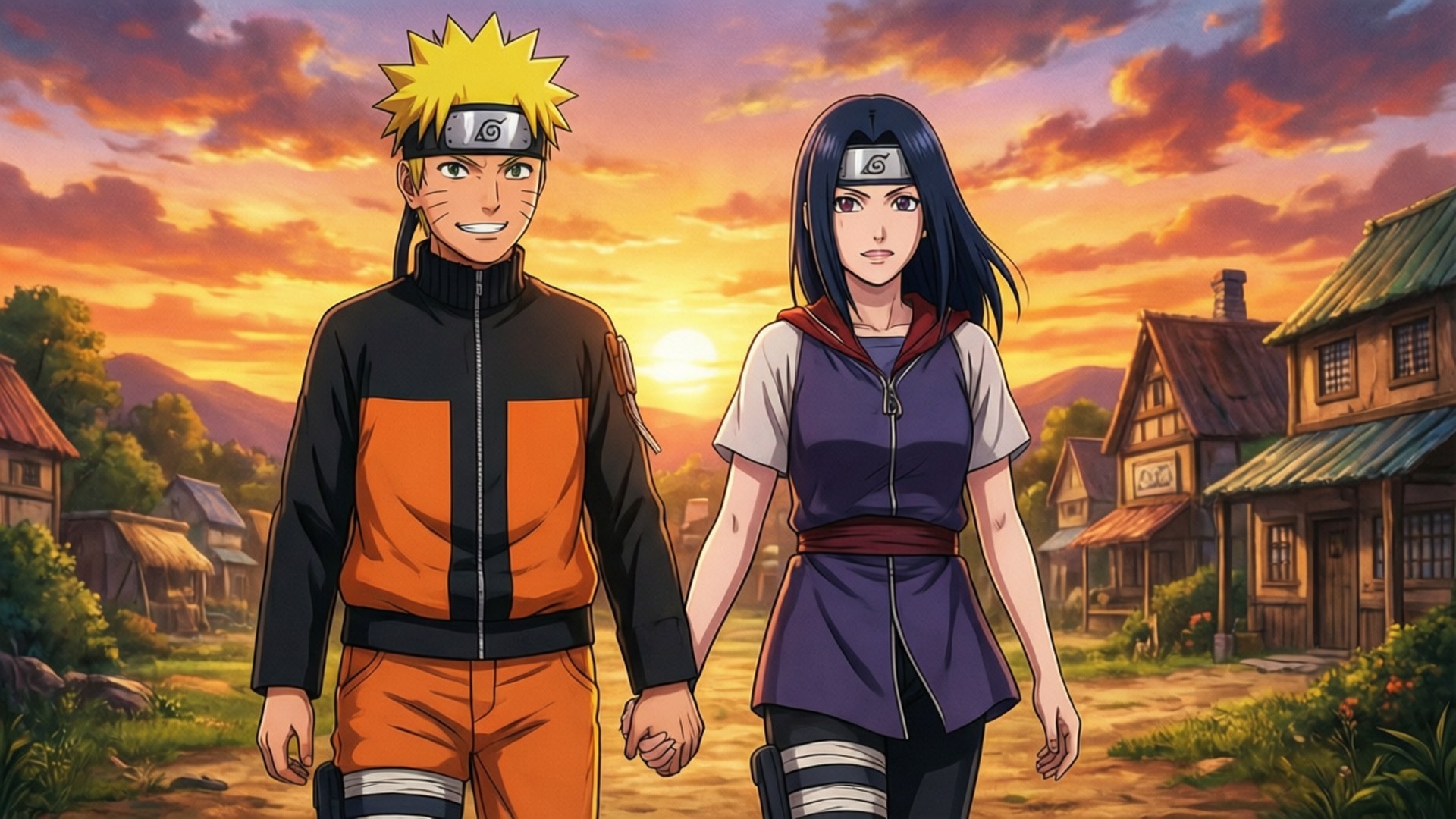 Naruto and Hinata Sunset 壁紙 — 鳴人和雛田手牽手走過一個村莊，夕陽西下，上方有火橙和紫色的雲彩。