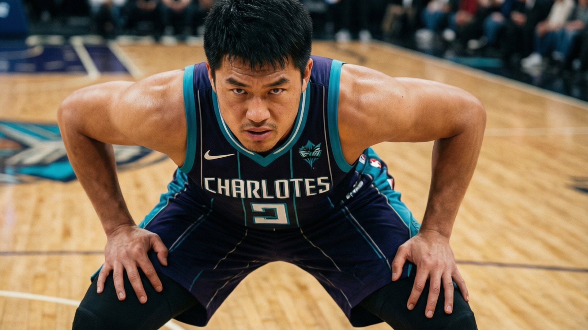 Hornets Defense 壁紙 — 一名身穿夏洛特黃蜂隊球衣的籃球運動員在比賽期間於硬木球場上激烈地蹲下。