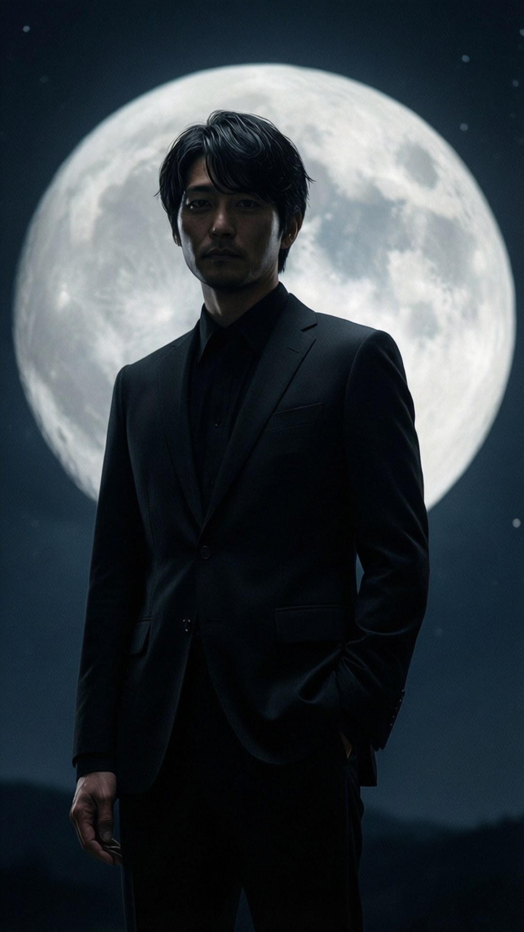 Moonlit Silhouette 壁紙 — 一名身穿黑色西裝的男子在星空下莊嚴地站在巨大的滿月前。