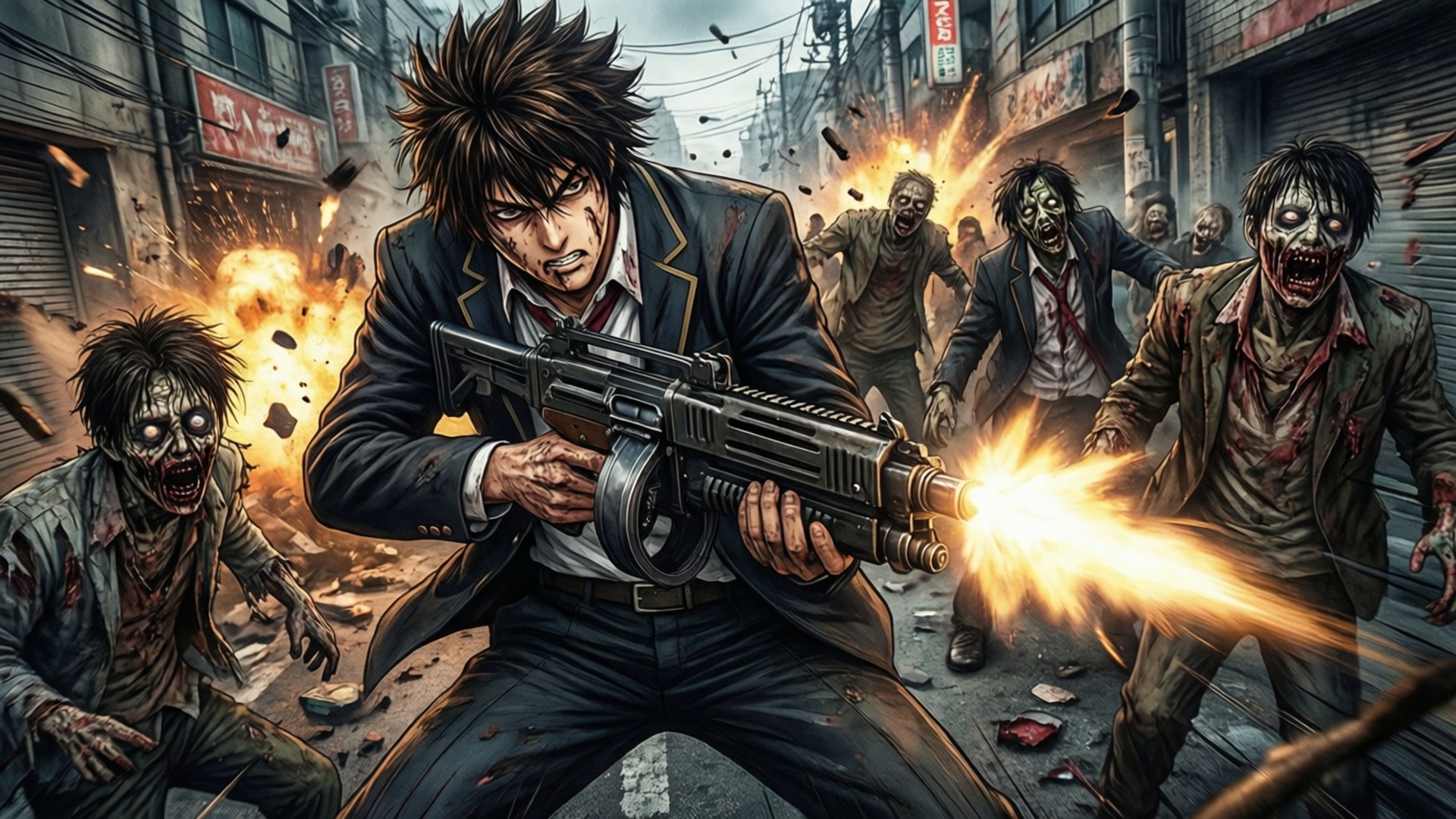 Hirano's Fury 壁紙 — 一名身穿西裝的男子在燃燒的城市街道上向衝過來的殭屍發射機關槍。