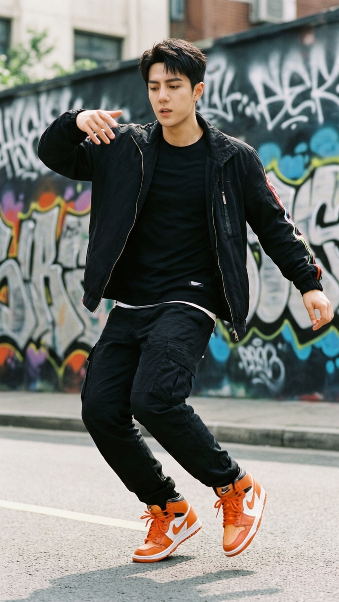 Street Dance Energy 壁紙 — 一名身穿黑色外套和工裝褲的年輕男子在充滿活力的塗鴉牆前的街道上擺出動感姿勢，腳穿亮橙色運動鞋。