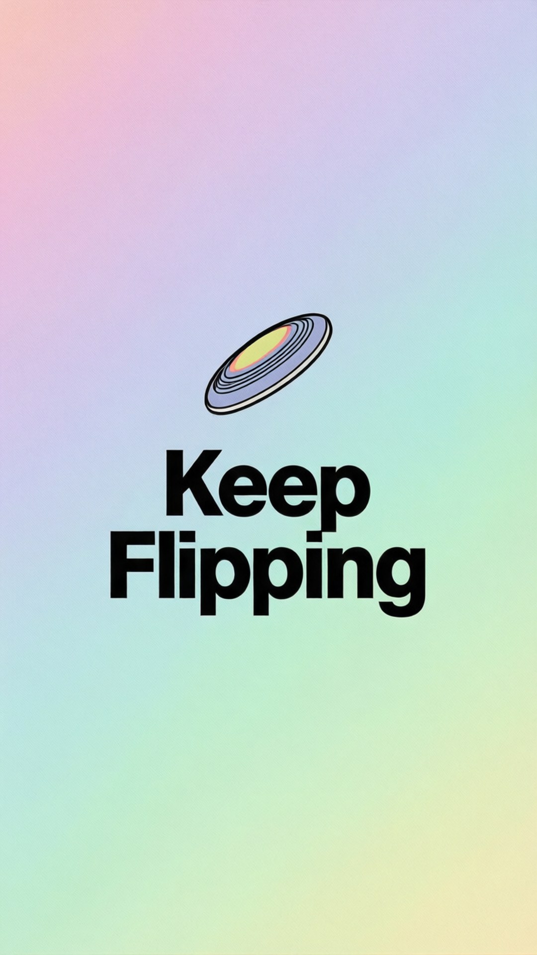 Pixel 3 Frisbee 桌布 壁紙 — 一個極簡圖形，帶有彩色漸變背景，在風格化的飛盤圖示上方有粗體文字 'Keep Flipping'。